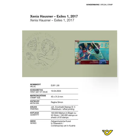 Briefmarke Österreich 2024, Nominale 1,90 €: 'Exiles 1, 2017' von Xenia Hausner, Serie Zeitgenössische Kunst in Österreich.