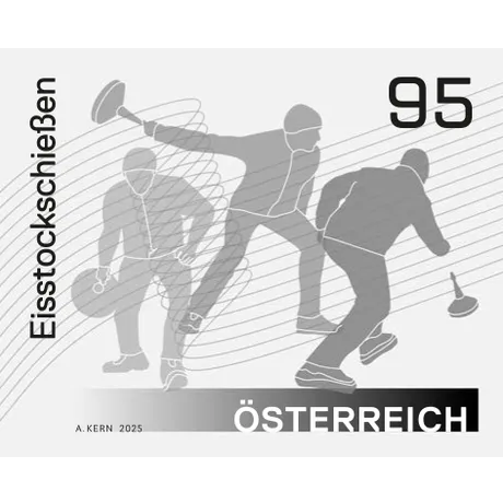 SD_Eisstockschiessen_0125 Austrian Post stamp 2025, nominal value 0.95 euros: Ice stock sport with dynamic player silhouettes.