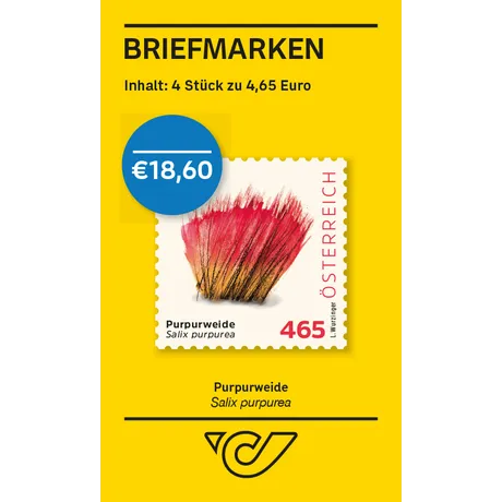 Briefmarken-Set Österreich 2023, Nominale 4,65 €, Motiv: Purpurweide (Salix purpurea) in Rot und Schwarz.