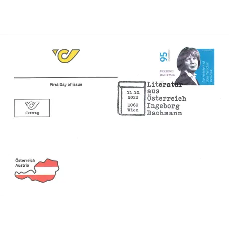 ca8222e08384389b2d0b8e3cbb227e00e2ee3003.jpg First Day Cover with Austrian Post stamp 2023, 0.95€, featuring Ingeborg Bachmann, literature theme.