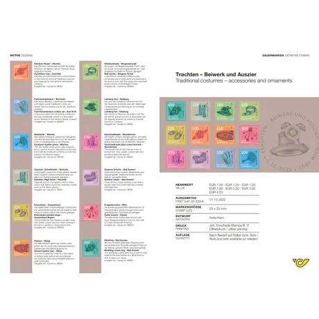 Briefmarkenserie der Österreichischen Post 'Trachten – Beiwerk und Auszier', ausgegeben am 01.10.2022, mit regionalen Motiven.