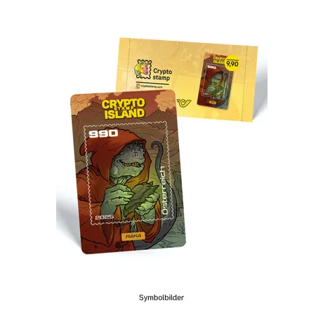 Cryptostamp mit einem Gecko im roten Umhang und Blatt in der Hand. Text Crypto Island. Nominale 990, Österreich, Jahr 2025.