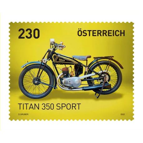 c400be3ba8014c7609193d739c7b1226c9603b3b.jpg Austrian stamp 2022, denomination 2.30 Euro: Titan 350 Sport motorcycle on a yellow background.