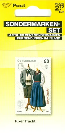 24e5ffe1709849b69bdbdeb68fe44cc0a5466864.jpg Sondermarken-Set der Österreichischen Post: 4 Marken zu je 68 Cent mit 'Tuxer Tracht', Ausgabejahr 2015.