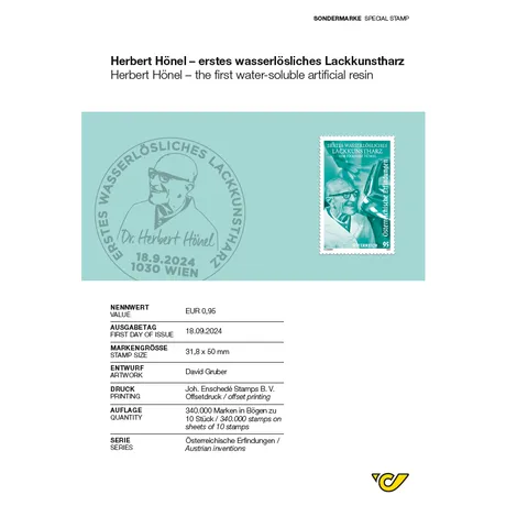 ABH_Herbert Hönel_0924 Austrian Post stamp 2024, €0.95: Herbert Hönel, first water-soluble artificial resin, Austrian inventions series.