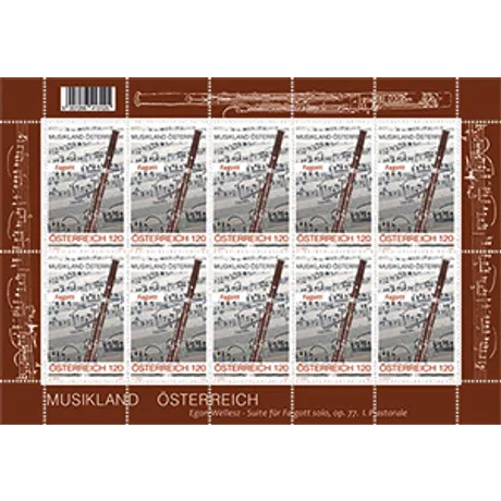 8af3218dc9836a7a2c2e59070a2498a44c587665.png Briefmarkenblock Österreich 2023, Nominale 1,20 Euro: Thema 'Musikland Österreich' mit Fagott und Notenblatt.