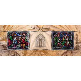 Stamp sheet “Sacred Art” with two stained glass motifs over cathedral-themed background.