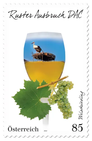Austrian stamp 2022, 0.85 Euro: Ruster Ausbruch DAC theme with stork, wine glass, grapevine leaf, and grapes.