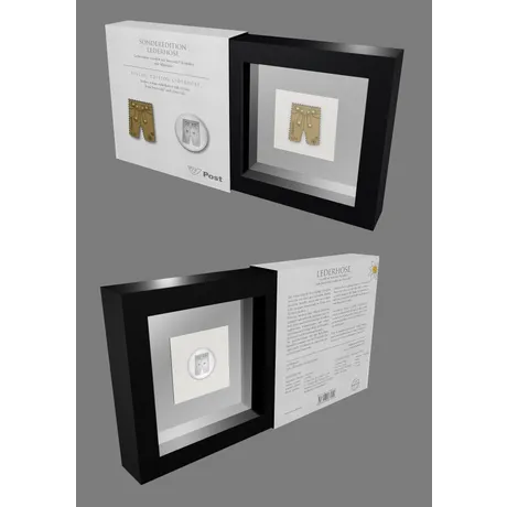 24919ef7430473aeb5f3d2ea393bfc6c97fd48be.jpg Austrian Post special edition stamp 'Lederhose' with Swarovski crystals in a black display frame and box.