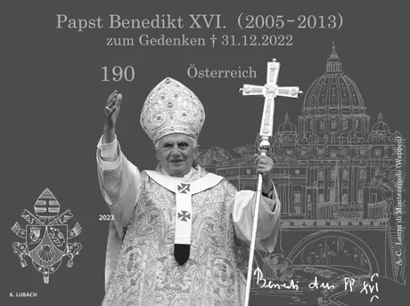 984e6f21ba81688e4a6f3918b3983b5bdb41e285.png Briefmarke Österreich 2023, Nominale 1,90 Euro: Papst Benedikt XVI. (2005-2013) zum Gedenken an 31.12.2022.
