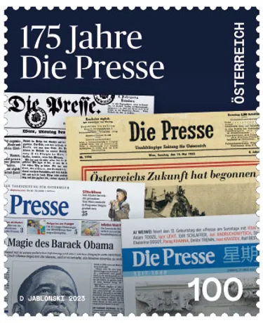 8d2bc9cc3682b90c006ff017254e03b80016f339.jpg Briefmarke Österreich 2023, Nominale 1,00 Euro: '175 Jahre Die Presse' mit historischen Zeitungscovern.