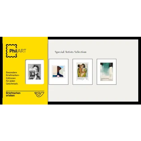 Philatelie-Präsentation der Österreichischen Post: 'PhilART' mit vier künstlerischen Briefmarken unter 'Special Artists Selection'.