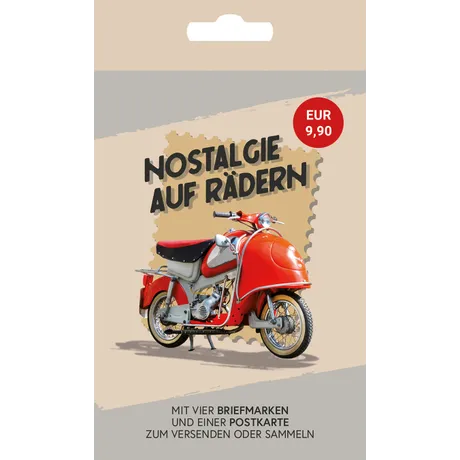 fdabb6e9e5dc51b15d939ec55145999fad1ace97.jpg Österreichische Post-Set 'Nostalgie auf Rädern' mit 4 Briefmarken und einer Postkarte mit rotem Oldtimer-Motorrad, €9,90.