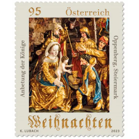 74ed5c2a6a758f66bb548701e74c3d3780e6d5a3.png Austrian stamp 2023, 0.95 Euro: Christmas motif 'Adoration of the Kings,' Oppenberg, Styria.