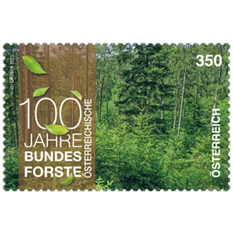 Commemorative stamp celebrating 100 years of the Austrian Federal Forests. Features a dense green forest scene with falling leaves, the denomination 3.50 in the top right corner, and the text ‘100 Years Austrian Federal Forests’ on the left. ‘Austria’ is written vertically along the right edge. Commemorative stamp celebrating 100 years of the Austrian Federal Forests. Features a dense green forest scene with falling leaves, the denomination 3.50 in the top right corner, and the text ‘100 Years Austrian Federal Forests’ on the left. ‘Austria’ is written vertically along the right edge.