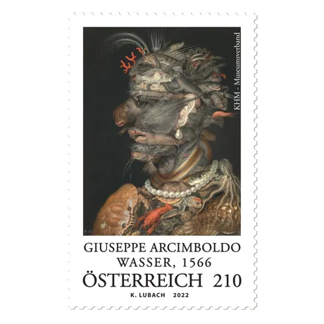 237e09f19c0a90463d2717034a2cd5e08af500da.jpg Austrian stamp 2022, €2.10: Giuseppe Arcimboldo's 'Water' (1566) with a face made of sea creatures.