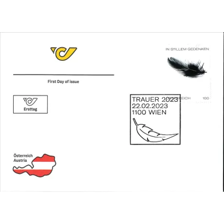 Austrian Post first day cover with 'Mourning 2023' stamp, black feather motif, and Vienna postmark.