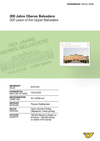 4e3a15c41c788b20fb5c100abed28270870b65c9.jpg Briefmarke Österreich 2023, Nominale 3,00 €: 300 Jahre Oberes Belvedere, zeigt das Schloss in Wien.