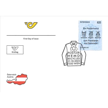 375e870fd0d3f0b9231ca431c883a87a8190802b.jpg Austrian Post first day cover with stamp 'Austria 2022, 8.20 Euro: Postler shirt recycled' and special postmark.