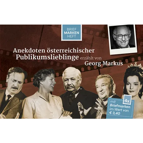 Briefmarkenheft der Österreichischen Post: 'Anekdoten österreichischer Publikums­lieblinge' von Georg Markus, mit 4 Briefmarken im Wert von €3,40.