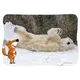 625012_Frido-ZooPK5 Ein Eisbär spielt im Schnee, daneben eine Cartoon-Fuchs-Illustration, verwendet für Materialien der Österreichischen Post.