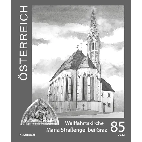 04ce9b0ca5572840154691abc28ebaf124443258.jpg Austrian stamp 2022, 0.85 Euro: Pilgrimage Church Maria Straßengel near Graz, black-and-white illustration.