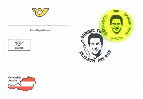 7dd5a9f91177bd2dbf45b96121a26021d37549ee.jpg Ersttagsbrief der Österreichischen Post mit Dominic Thiem Briefmarke (700 Eurocent, Tennisball-Design) und Sonderstempel, 25.10.2021.