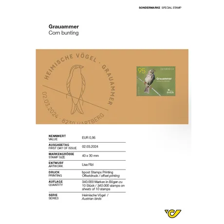 Austrian Post stamp 2024, €0.95: Corn bunting on a branch, part of the 'Austrian Birds' series.