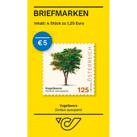 Yellow Austrian Post display with four €1.25 stamps. Shows rowan (Sorbus aucuparia) with green leaves and red berries, “ÖSTERREICH” and postal horn logo visible.