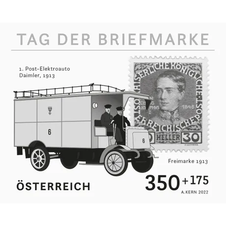 382e476fc87406091bb559345be5444d9d511b02.jpg Austrian Post stamp 2022, 350+175 cents: First Post electric vehicle Daimler 1913 and 1913 stamp design.