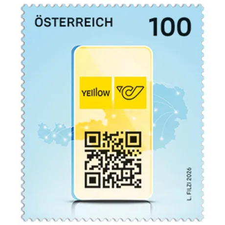 YELLLOW Sondermarke mit Smartphone‑Symbol, Yelllow‑Logo, Postlogo, QR‑Code und Österreichkarte im Hintergrund