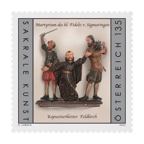 Austrian stamp 2022, 1.35 Euro: Martyrdom of St. Fidelis of Sigmaringen, sculpture from Capuchin Monastery Feldkirch.