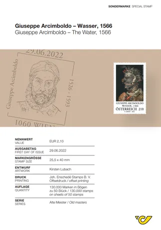 Austrian Post stamp 2022, €2.10: Giuseppe Arcimboldo's 'The Water, 1566' from the 'Old Masters' series.