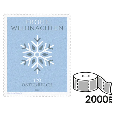 d5579914040e19c15321c24438f360aa6c33a66d.jpg Austrian Post stamp 2022, nominal value 1.20 euros: blue snowflake design, 'Merry Christmas', roll of 2000 stamps.