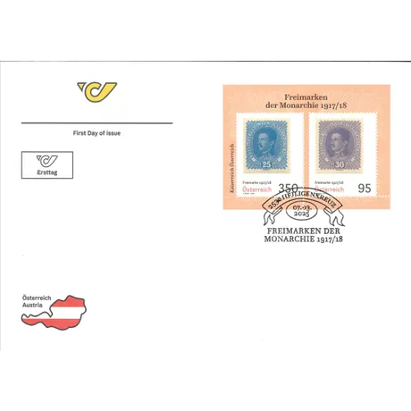 Austrian Post first day cover with 2025 stamps 'Freimarken der Monarchie 1917/18', nominal values 0.25€ and 0.30€.