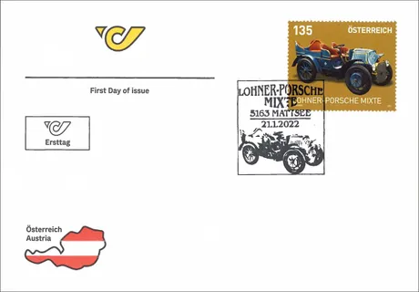 First day cover with Austrian Post stamp 2022, 1.35 Euro: Lohner-Porsche Mixte, and matching postmark from Mattsee.
