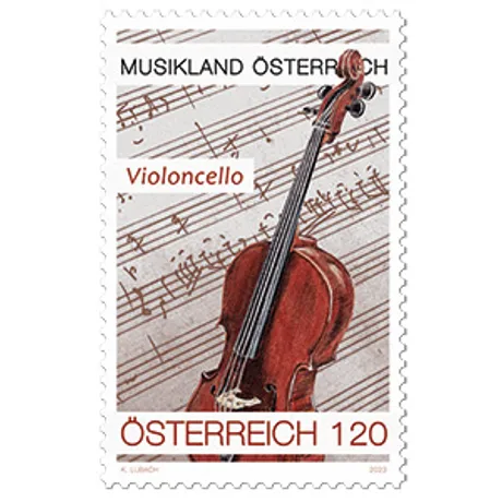 Briefmarke Österreich 2021, Nominale 1,20 Euro: Thema 'Musikland Österreich' mit Violoncello und Notenblatt.