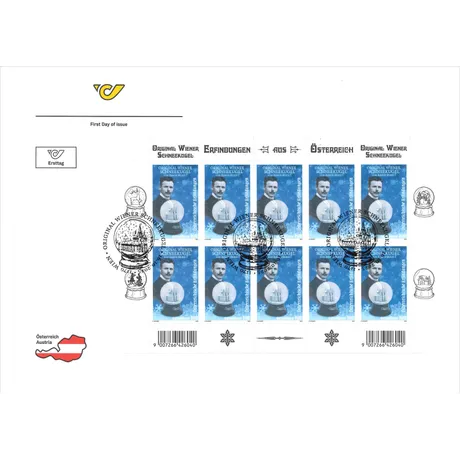 First Day Cover with miniature sheet for the special stamp “Original Viennese Snow Globe” featuring a portrait of Erwin Perzy I. Includes ten €1 stamps, commemorative postmark with snow globe design dated “11.10.2023”, and graphic elements celebrating the Austrian invention. First Day Cover with miniature sheet for the special stamp “Original Viennese Snow Globe” featuring a portrait of Erwin Perzy I. Includes ten €1 stamps, commemorative postmark with snow globe design dated “11.10.2023”, and graphic elements celebrating the Austrian invention.