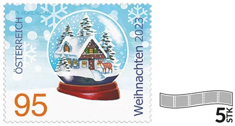 ccee3d00851a2c6119a1bb699067b20d2b565a63.png Briefmarke Österreich 2023, Nominale 0,95 Euro: Schneekugel mit Winterhaus und Hirsch, Weihnachtsthema.