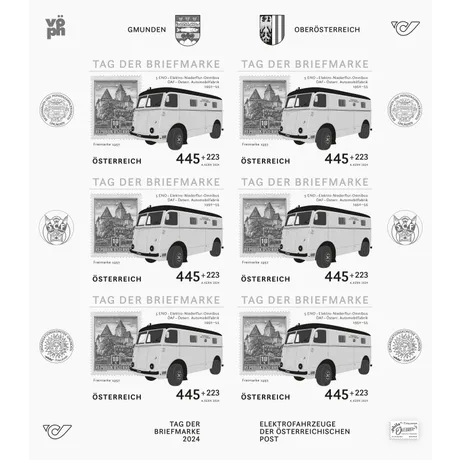 SD-KB_TdB 2024_0824 Austrian Post stamp sheet 2024, 'Day of the Stamp': 5 ENO electric bus, 1950s, value 4.45+2.23 EUR, Gmunden theme.