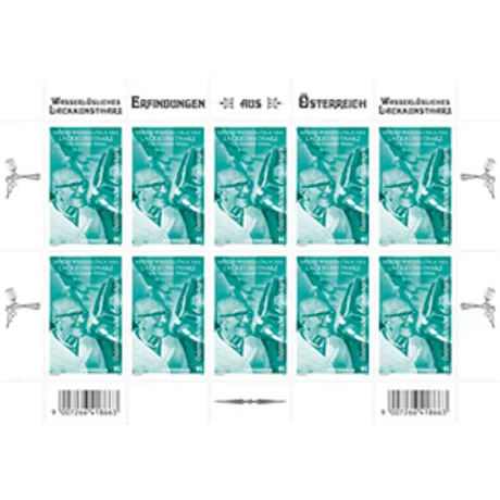 A sheet of Austrian Post stamps 2023, €1.85: Theme 'Inventions from Austria' featuring Viktor Kaplan.