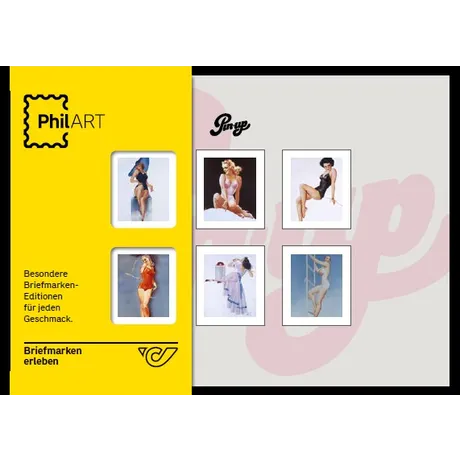 PhilART-Kollektion der Österreichischen Post: Pin-up-Briefmarken, sechs Designs, gelbes Branding, Slogan 'Briefmarken erleben'.