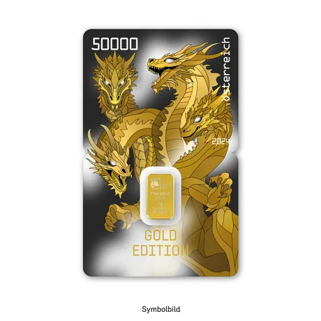 Crypto Stamp Drache Gold 1 Austrian Post Crypto Stamp 2024, Gold Edition with dragon design and 1g fine gold bar, value 50000.