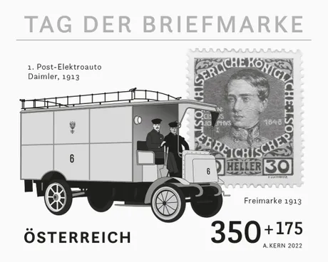 382e476fc87406091bb559345be5444d9d511b02.jpg Briefmarke Österreich 2022, Nominale 350+175 Cent: Erstes Post-Elektroauto Daimler 1913 und Briefmarkenmotiv von 1913.