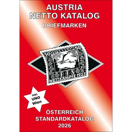 Standard Katalog Titelbild des „Austria Netto Katalog Briefmarken 2026“ mit rotem Hintergrund und einer historischen österreichischen Briefmarke von 1933 mit Skispringer-Motiv. Enthält den Hinweis „inkl. UNO Wien“.
