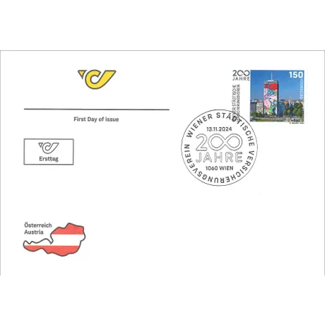 Ersttagsbrief mit Post-Logo, Briefmarke Österreich 2024 '200 Jahre Wiener Städtische Versicherung' und Sonderstempel.