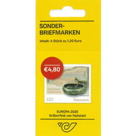 SM4_Europa 2025-Gräberfeld Hallstatt_0525 Austrian Post special stamp set 2025, €4.80, Hallstatt burial ground motif, 4 stamps at €1.20 each.