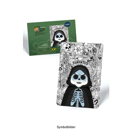 Künstlerisch gestaltete Crypto stamp art Hackatao Freud Thanatos mit stilisiertem Porträt vor detailreichem schwarz‑weißem Illustrationsdesign, mit passender Verpackung