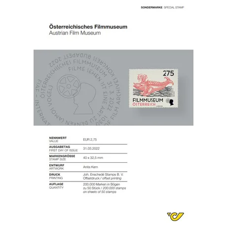 09fc676b8360f40fb68f13ee4ddbfa9473c3d541.jpg Briefmarke Österreich 2022, Nominale 2,75 €: Österreichisches Filmmuseum, rote Drachen-Illustration, Ausgabe 31.03.2022.
