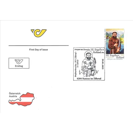 FDC_Hl Engelbert Kolland_0125 First day cover with Austrian Post stamp 2024, €1.50: St. Engelbert Kolland, martyr of Damascus, and special postmark.
